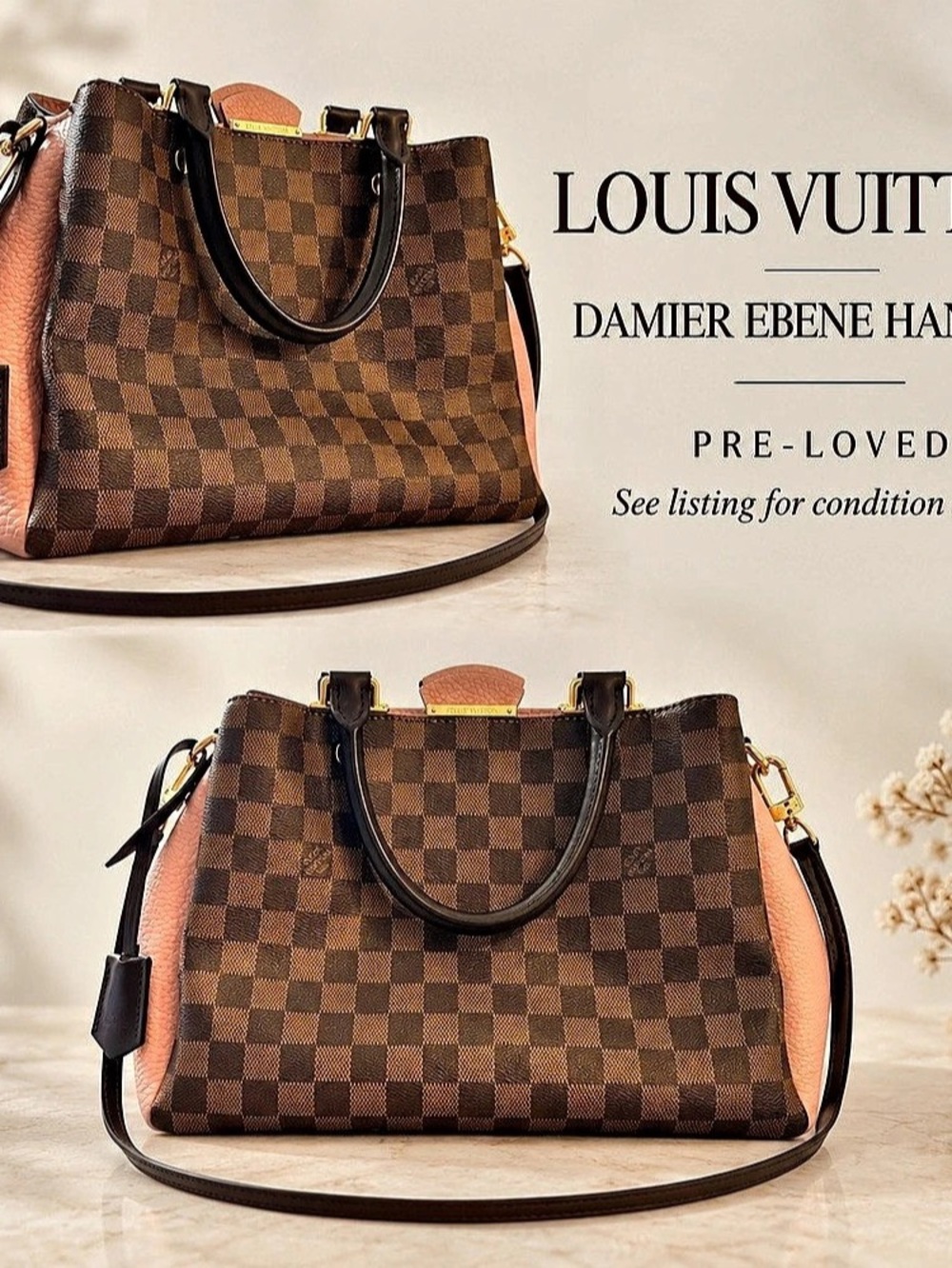 Louis Vuitton Neverfull MM Damier Ebene Handbag Brown & Pink